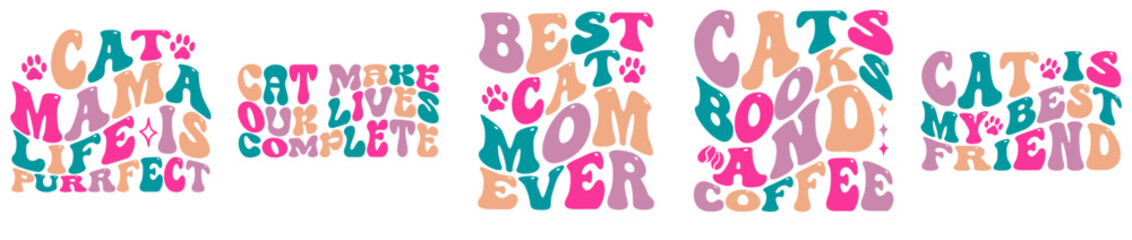 Fototapeta premium Vibrant Retro Funny Cats Bundle Hand Lettering, Invitation Bundle Vector Illustration for Magazine, Poster, Vouchers