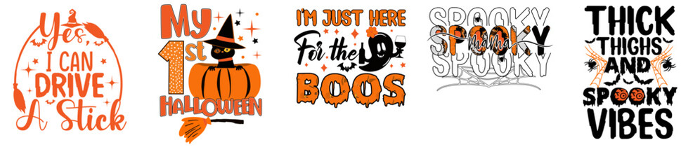 Vibrant Halloween Tshirt Design Bundle Trendy Retro Style Illustration, Calligraphic Lettering Set Vector Illustration for Newsletter, Social Media Post, Mug Design