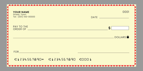 Blank bank cheque template. Check from checkbook for payment cash or voucher. Vector