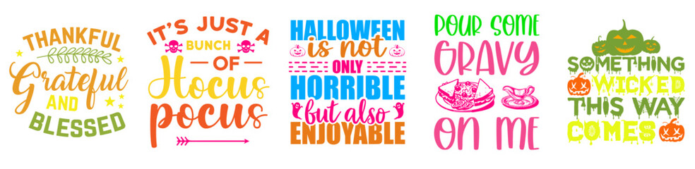 Vibrant Halloween Tshirt Design Bundle Trendy Retro Style Illustration, Phrases Collection Vector Illustration for Sticker, Advertisement, Infographic