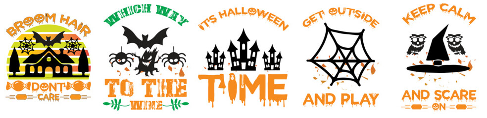 Cute Halloween Tshirt Design Bundle Inscriptions, Calligraphy Collection Vector Illustration for Advertising, Sticker, Newsletter