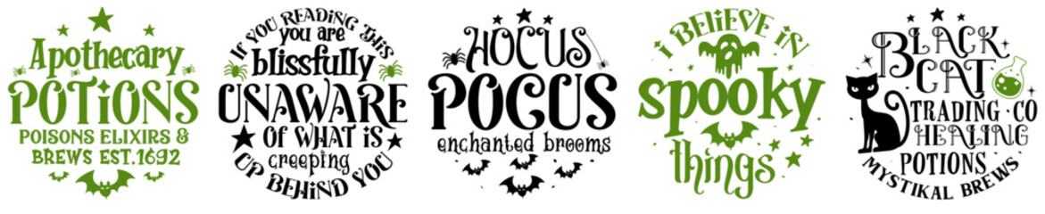 Elegant Halloween Round Sign Bundle Typographic Emblems, Hand Lettering Collection Vector Illustration for Advertising, Presentation, Printing Press