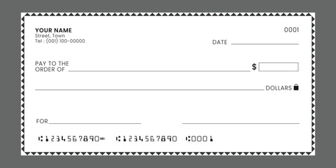 Blank bank cheque template. Check from checkbook for payment cash or voucher. Vector