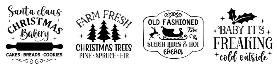 Decorative Vintage Christmas Sign Bundle Inscriptions, Hand Lettering Pack Vector Illustration for Advertising, Logo, T-Shirt Design