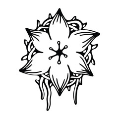 A detailed black and white line drawing of a stylized flower with intricate patterns and flowing elements.