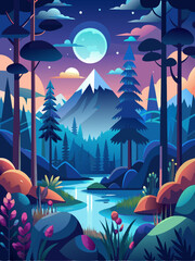 Nighttime Landscape with a Mountain, Full Moon, and a River