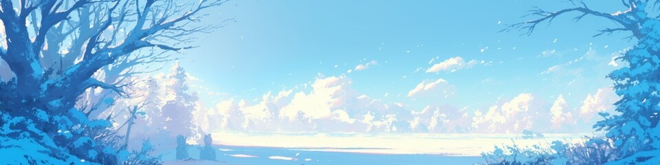 Obraz premium Serene Winter Charm: High-Definition Anime-Style Illustration Capturing Nature's Tranquility in Snow. Bright, Gentle Colors for Versatile Home Decor, NFT Art, Apparel Design, and Seasonal Marketing. A