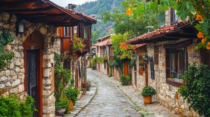 A traditional Turkish village with stone houses and cobblestone streets, surrounded by greenery.