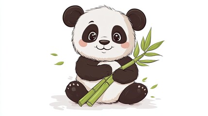 Obraz premium A Cute Cartoon Panda Holding Bamboo Shoots