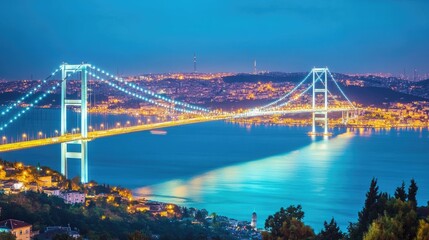 Obraz premium A tranquil scene of the Bosphorus Bridge illuminated at night, connecting Europe and Asia.
