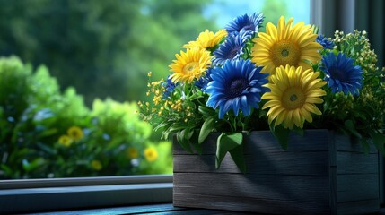 Yellow and Blue Flowers in a Wooden Planter on a Windowsill