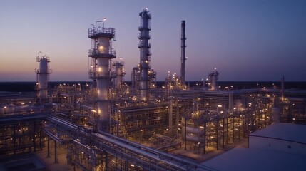 Fototapeta premium A vast natural gas processing plant at dusk, with lights illuminating towering structures and pipelines