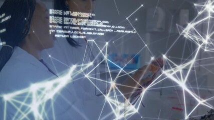 Reading document, healthcare professional with coding and network connections animation