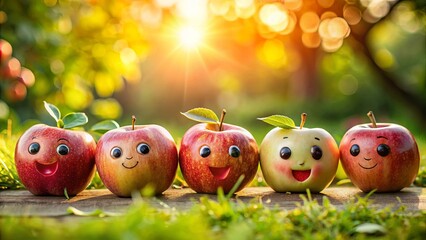 Fresh apples with cute cartoon faces placed in a sunlit garden setting