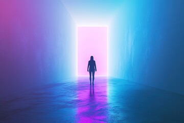 Silhouette walking towards bright pink doorway