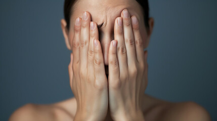 A close-up of a person covering their face with their hands, expressing embarrassment or shame