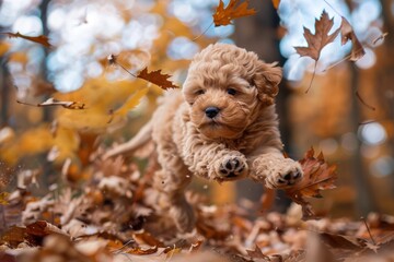 a fluffy puppy playing in a pile of autumn leaves. happy autumn