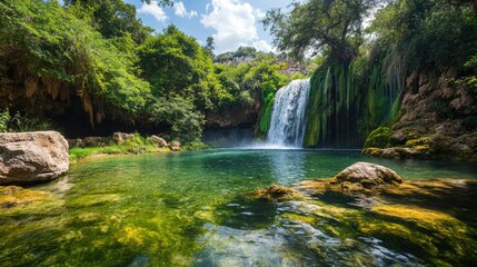 A view of the Duden Waterfalls cascading into a clear pool surrounded by lush greenery.