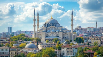 Naklejka premium A view of the historic ehzade Mosque in Istanbul, with its grand domes and minarets.