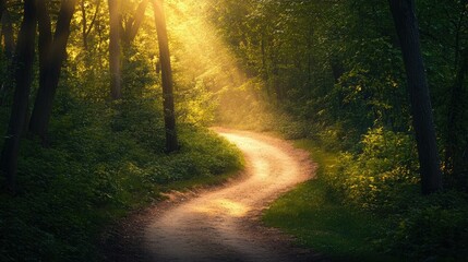 Fototapeta premium A winding dirt path leading through a dense forest, with sunlight filtering through the trees