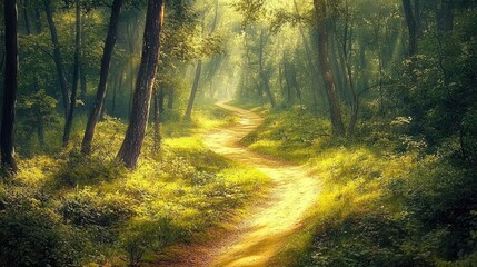 Naklejka premium A winding dirt path leading through a dense forest, with sunlight filtering through the trees