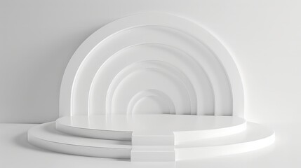 Obraz premium Minimalist white podium with geometric arch shapes in the background.