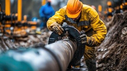 A worker turning a valve on a natural gas pipeline at an industrial site