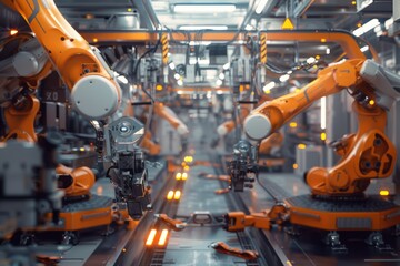 Fototapeta premium hyperrealistic view of a robots fitting car parts together on an assembly line