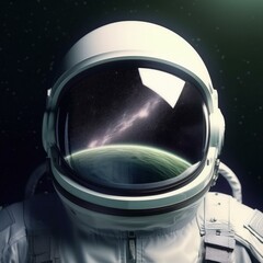 futuristic spacesuit astronaut's helmet reflecting a vast starry sky through its visor