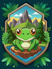 Cartoon Frog Sitting on a Rock by a River in a Mountainous Landscape
