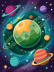 A Vibrant and Colorful Illustration of a Galaxy with Planets and Stars
