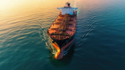 Aerial view of a massive oil and gas tanker ship sailing through calm seas, with clear skies above