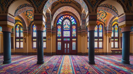 Obraz premium Vibrant stained glass windows illuminate historical architecture in a famous mosque during midday sunlight