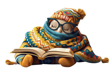 A cozy character wearing vibrant winter attire enjoys a book, embodying warmth, comfort, and creativity in a whimsical setting.