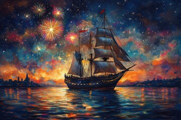 Obraz premium Majestic ship sailing under fireworks at night on the ocean