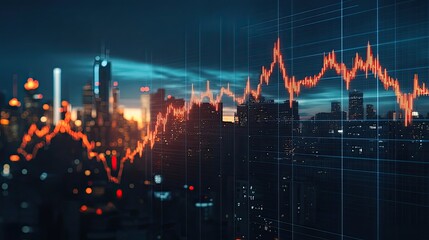 Naklejka premium Red Stock Chart Overlaid on a Nighttime Cityscape