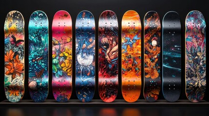 Skateboard collection displaying modern artistic designs and vibrant colors