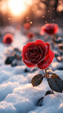 Red rose blooming in the snow on a sunny winter day