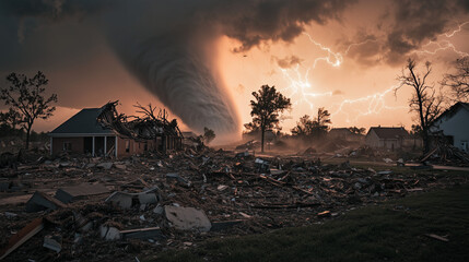 Tornado storm, strong winds swirling, dust and debris flying everywhere, houses destroyed along the path of the tornado, Ai generated images
