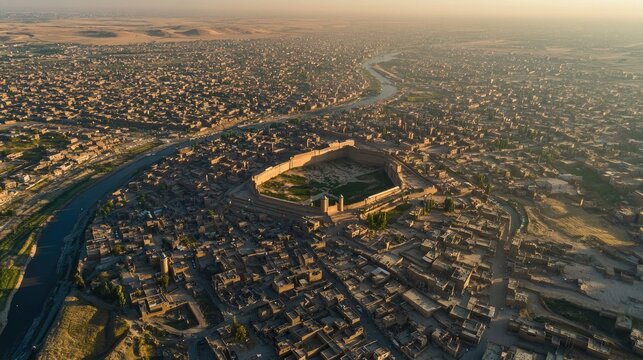 Aerial view of the city of Kirkuk with its historic citadel and surrounding urban areas