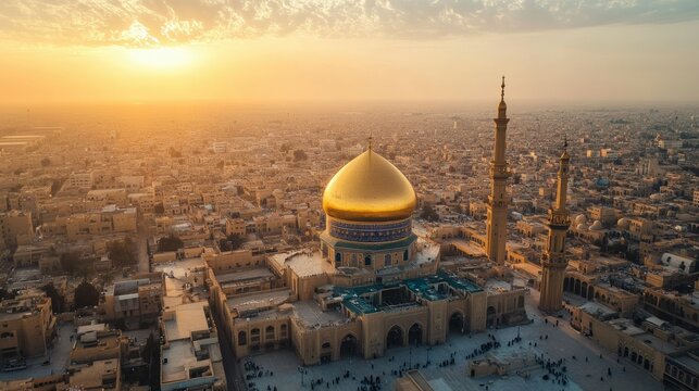 Aerial view of the city of Najaf, with the golden dome of the Imam Ali Shrine dominating the skyline