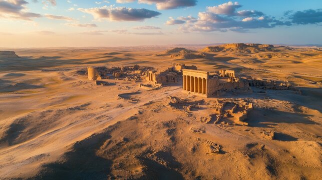 Aerial view of the desert landscape surrounding the ancient city of Hatra, with ruins visible in the distance