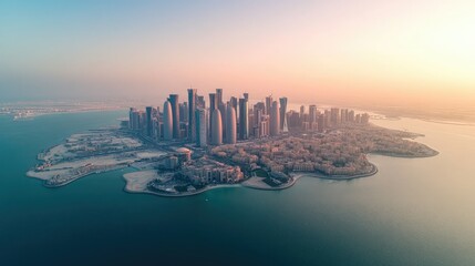 Fototapeta premium Aerial view of the Doha skyline with the iconic West Bay towers and the Arabian Gulf in the background.