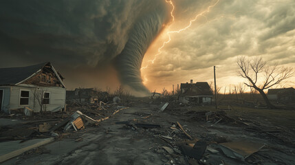 Tornado storm, strong winds swirling, dust and debris flying everywhere, houses destroyed along the path of the tornado, Ai generated images