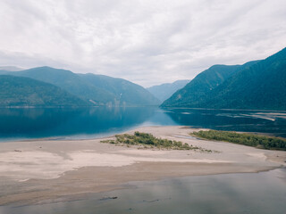 Aerial view of Teletskoye lake in the Altai Mountains in summer.