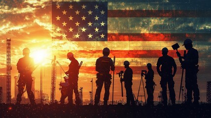 Fototapeta premium Generate an image of a proud American flag in the background with people holding tools and gadgets measured in the imperial system, make it look like a real photo