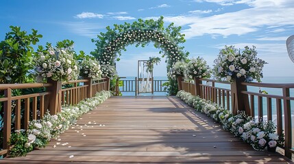 Gorgeous floral adorned timber decoration bridge for a beachfront black promenade during a wedding ceremony