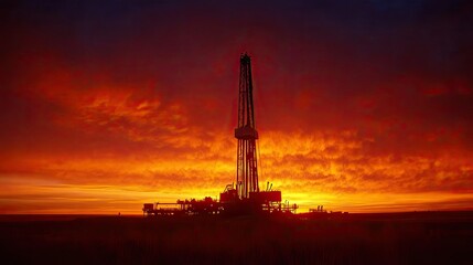 An oil drilling rig silhouetted against a dramatic sunrise in a barren landscape