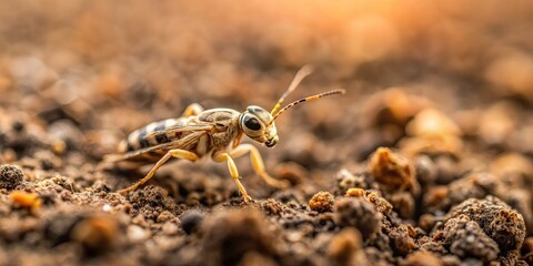 Close-up of a tiny insect on dirty ground surface