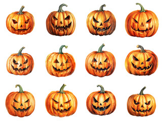 Twelve Watercolor Jack-o'-Lantern Pumpkins with Varying Expressions